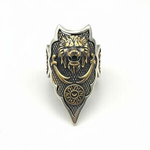 Vintage Turkish Lion Warrior Shield Adjustable Ring - Heavy 925 Sterling Silver